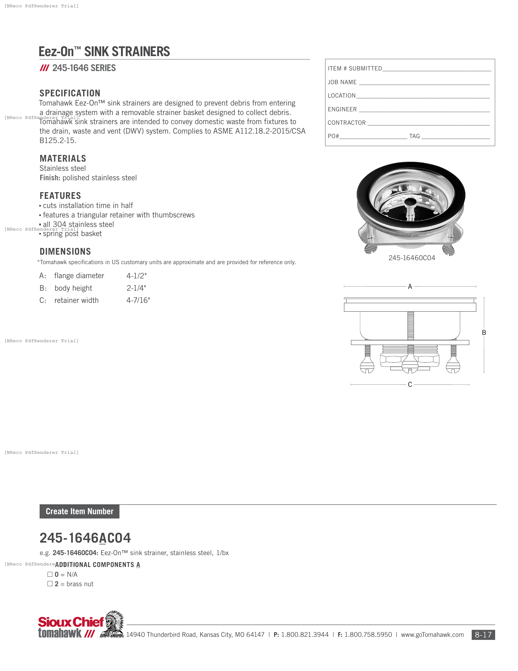 245-1646 SERIES - EEZ-ON SINK STRAINER - SPEC SHEET.PDF Specification Document